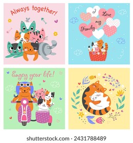 Cute card with family cats. Set Always together. Vector illustration. color background