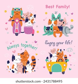 Cute card with family cats. Set Best family. Vector illustration. Pink background