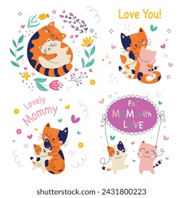 Cute card with family cats. Set Always together. Vector illustration. white background