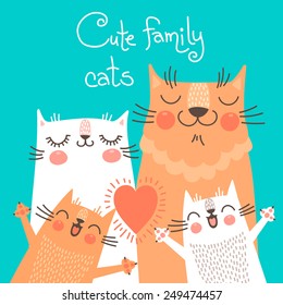 Cute card with family cats. Vector illustration.