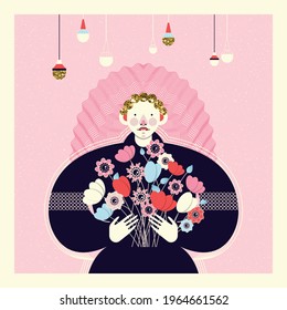 Cute card with a fashionable girl in a black dress holding flowers. Vector illustration.