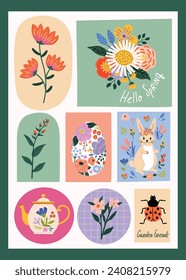 Cute card featuring spring illustrations, including flowers, Easter eggs, bunnies, and spring sayings. Perfect for postcards, greeting cards, posters, planners, etc.