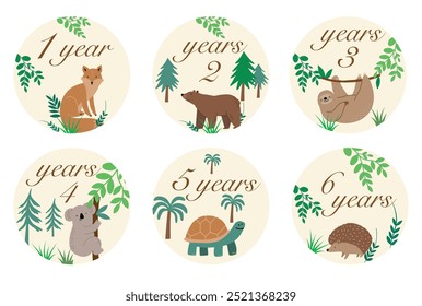 Cute card for the first years of a child's life with numbers and animals. Birthday by years. Baby photo cards.