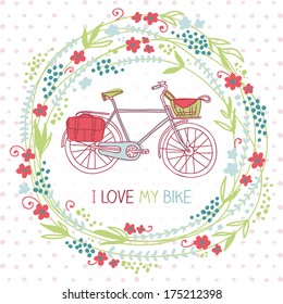 Cute card with floral wreath and bike. Bright spring background. Vector illustration. I love my bake!