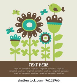 cute card with flowers and bird. vector illustration