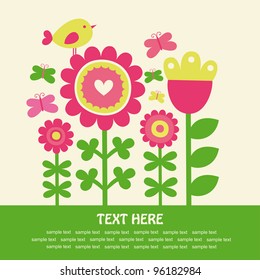 cute card with flowers and bird. vector illustration