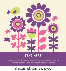cute card with flowers and bird. vector illustration