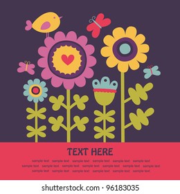 cute card with flowers and bird. vector illustration