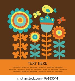 cute card with flowers and bird. vector illustration