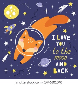 Cute card with fox astronaut, planets, stars and comets. Space Background for Kids. Can be use for typography posters, cards, flyers, banners, baby wears. Vector illustration