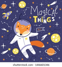 Cute card with fox astronaut, planets, stars and comets. Space Background for Kids. Can be use for typography posters, cards, flyers, banners, baby wears. Vector illustration
