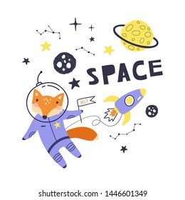 Cute card with fox astronaut, planets, stars and comets. Space Background for Kids. Can be use for typography posters, cards, flyers, banners, baby wears. Vector illustration