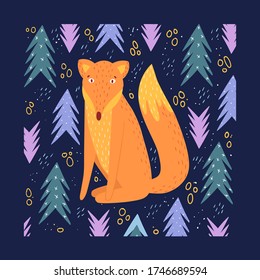 
Cute card with a fox in cartoon style. Vector illustration on a dark background. Hand drawing.