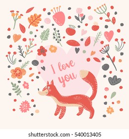 Cute card with fox with floral elements