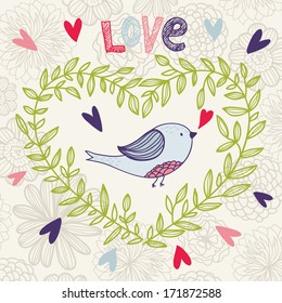 Cute card with frame, bird and hearts