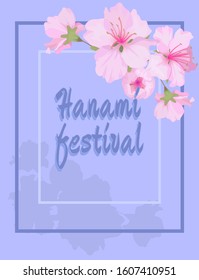 
Cute card with frame with flowers for Hanami festival. Illustration for greeting card, wedding, holiday greetings. Background with sakura branch for your inscription.