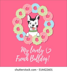 Cute card with french bulldog, donuts and text on a pink background.