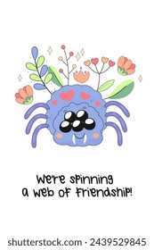 A cute card to a friend, support, with cute insects. with a worm, caterpillar, spider, moth. with a funny inscription