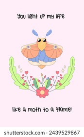 A cute card to a friend, support, with cute insects. with a worm, caterpillar, spider, moth. with a funny inscription