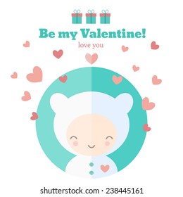 Cute card with funny character. Vector illustration for Valentines day