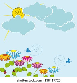 Cute card with funny flowers and sun shine
