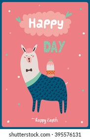 Cute card with funny Lama boy hand drawing in scandinavian style. Isolated on white background in vector. Good for birthdays cards, childish posters, calendars, stickers for boys and girls.