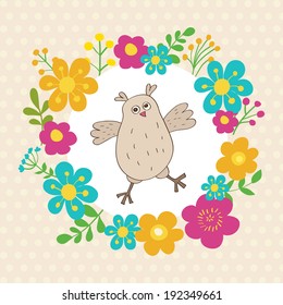 Cute card with funny owl and flowers.