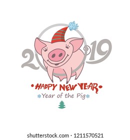 Cute card with a funny pig in the circle of numbers 2019. Happy New Year! Vector New Year's design. 