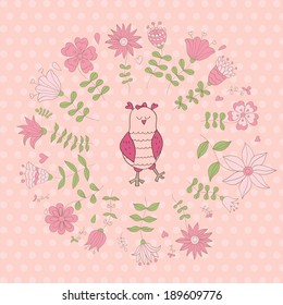 Cute card with funny pink owl and flowers.