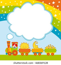 Cute card with a funny train. Clown, sun, moon, rainbow, stars. Background for a children's holiday. Vector illustration. 