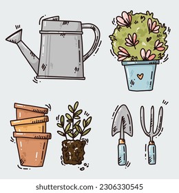 cute card of garden tools and plants. Gardening or horticulture colorful concept. Design elements for print, packaging or stickers. Vector illustration.