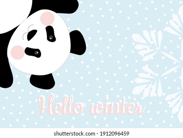 Cute card with a giant Chinese panda and the phrase Hello winter. Template for printing on pillows, cards, poster, clothes. Vector graphics.