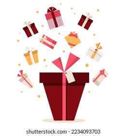Cute card with gift boxes, dots, ribbons. Simple shapes design for New Year, Christmas, birthdays, weddings, holidays. Stylish minimalistic collection for product design, wrapping paper, decoration