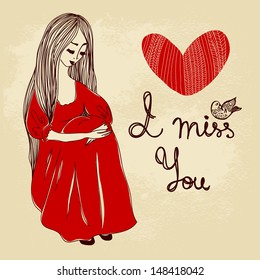 Cute card with girl, bird, heart and lettering " I miss you" in vector. Romantic Valentines day background. 