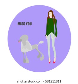 Cute card with girl, dog and lettering " I miss you" in vector. Romantic Valentines day background. 