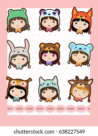 Cute card with girls in animal hats. 