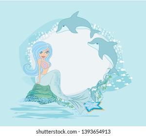 Cute Card Girls Mermaid and cute dolphins
