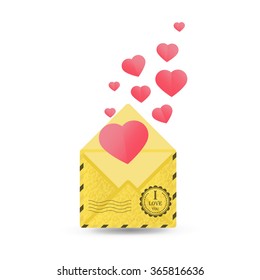Cute card with a gold envelope and stamp I love you, love collection. Trendy gold glitter texture. Perfect for valentines day, birthday, save the date invitation.