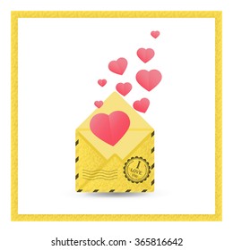 Cute card with a gold envelope and stamp I love you, love collection. Trendy gold glitter texture. Perfect for valentines day, birthday, save the date invitation.