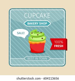 Cute card green cupcake with chocolate hearts, vector illustration