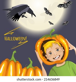 Cute card for Halloween with cartoon boy, pumpkins, crow and bats, eps10