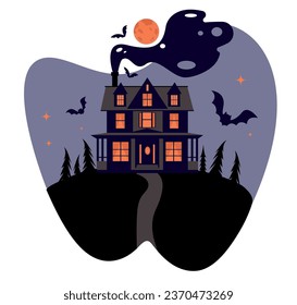 
Cute card for Halloween. Gothic mansion against the backdrop of a starry sky with a full moon.