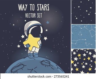 cute card with  hand drawn astronaut on planet and starry seamless backgrounds, vector illustration