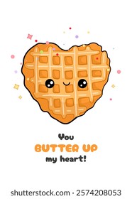 Cute card with hand drawn heart shaped waffle character in kawaii style and funny inscription.Vector template for Valentine's Day celebration, print, poster