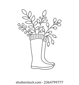Cute card with hand drawn rubber boots, autumn leaves and berries. Traditional attributes of the autumn season. Vector doodle illustration isolated on white background