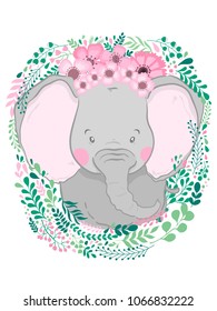 Cute card with hand drawn vector animal elephant face. For printing, print, poster, billboard, postcard and more. Designed for a children's room. Hand draw illustration.