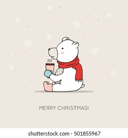 Cute card with hand-drawn polar bear with scarf, boots and hot drink. Christmas card. Joyful winter illustration. Vector isolated on background