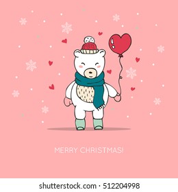 Cute card with hand-drawn polar bear with scarf, boots and a heart balloon. Christmas card. Joyful winter illustration. Vector isolated on background