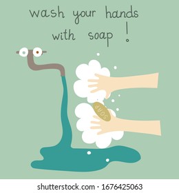 Cute card with hands in soap foam near to faucet with following water  and text- wash your hands with soap. Preventing the Covid 19 Virus Infection, Coronovirus alert, Flu spreading of world. 