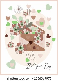 Cute card, happy birthday, envelope with flowers and hearts. Vector illustration of a flower in a letter. Ready postcard.
Brown, green color